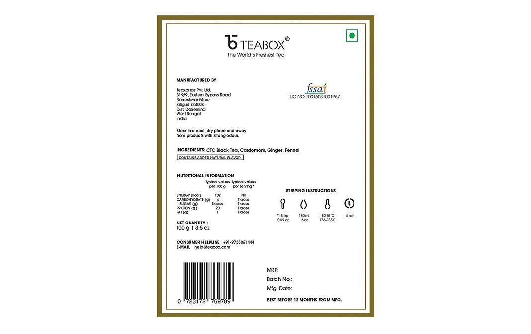 Teabox Bombay Cutting Chai    Box  100 grams